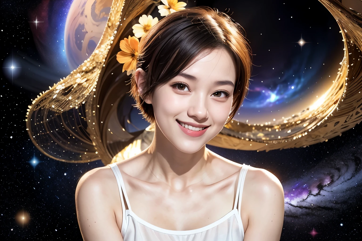 258 19-year-old female, (short hair),(Abstract background,universe), smile, flower