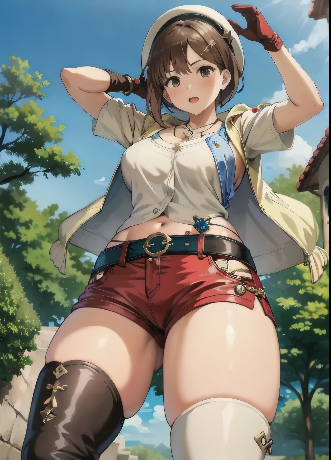 masterpiece, Highest quality, High resolution, Detailed face, Detailed Eyes, 1st Default, Liza, One girl, alone, Shorts, gloves, belt, Head Ribbon, jewelry, red Shorts, Brown Hair, Knee socks, short Shorts, Bridal Legwear, necklace, Brown eyes, 片手gloves, hair ornaments, Hair Clip, star necklace, Closed-toe footwear, leather, star (symbol), White Hat, brown gloves, boots, short hair, Thighs, leather belt, brown belt, leather gloves, belly button, thigh boots, white Knee socks, clavicle, Brown footwear, Cleavage, Large Breasts, Outdoor, sunny, (Wide pelvis), (Crotch up from below:1.5)