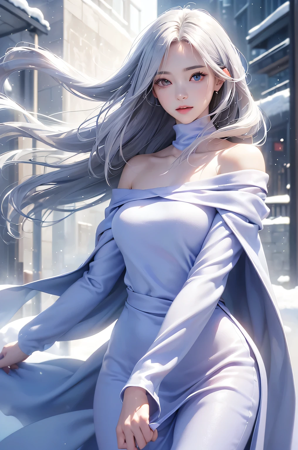 ((masterpiece:1.5、8k、Portraiture、Photorealistic and very detailed CG、Very detailed、Particle Effects、Dynamic Effects、Shallow depth of field、Cinematic Light、Lens flare、Ray Tracing、Tabletop、Realistic:1.4、Ultra-high resolution:1.2、Realistic、Realistic))((alone、,A woman wearing a cashmere coat over an off-the-shoulder dress:1.4、Elegant woman posing、Detailed face、brightexpression、young, bright, Whiter skin、Ample breasts、Best Looks、Ultimate beauty、Shiny silver hair with highlights、bright and shiny hair,、Super long, Silky straight hair、Hair dancing in the wind))(morning、The setting is outdoors in the snow、Surrounded by illuminations)