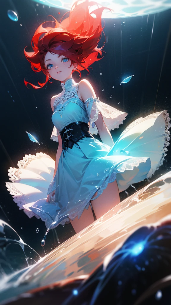 Red haired, young woman, fantasy, wearing a Billowing skirt, the skirt is made out of light blue glowing water drops, defined waistband, and lace added, dark lighting, glowing water, water droplet dress