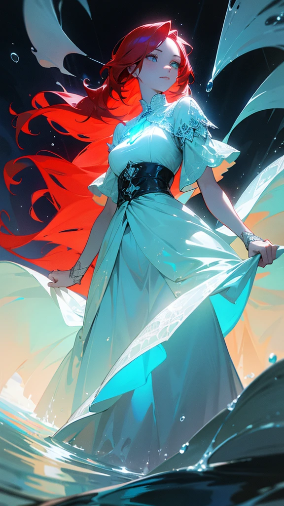 Red haired, young woman, fantasy, wearing a Billowing skirt i fused with light blue glowing water drops, defined waistband, and lace added, dark lighting, glowing water, water droplet dress