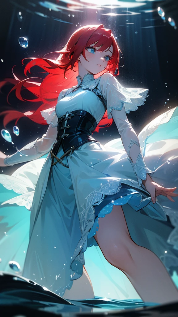 Red haired, young woman, fantasy, wearing a Billowing skirt i fused with light blue glowing water drops, defined waistband, and lace added, dark lighting, glowing water, water droplet dress
