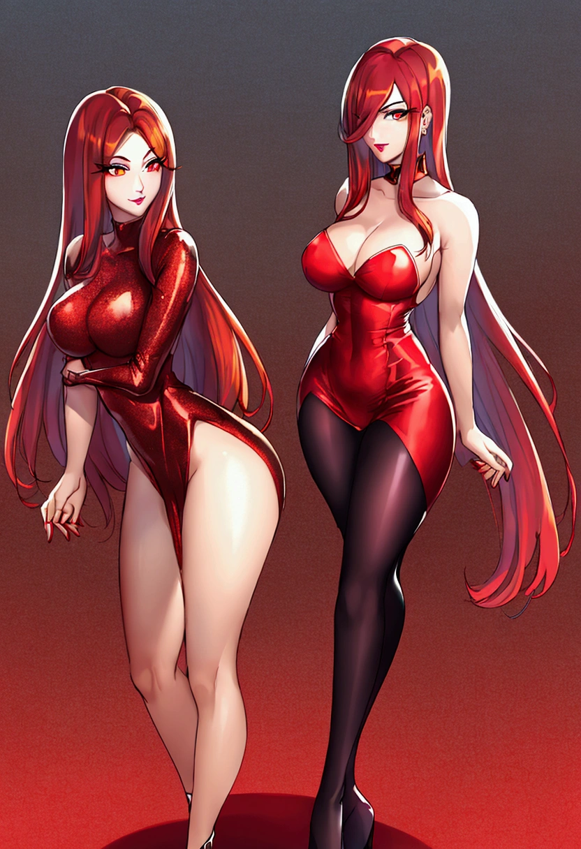 high quality,ultra quality 8k, Ultra 4K,Masterpiece, Orange hair, a tall woman, wide , One eye is hidden by hair, dark purple eyeshadow , Red lipstick, Detailed photos, beauty, attractive body, perfect anatomy of the human body, Jessica rabbit, correct anatomy Bodysuits, Bright red long dress, Dresses with slits up to the waist, Sparkly red sequin dress, Perfect facial balance, long eyelashes, sexy eyebrows, side glance, wide shoulders, Proudly stand up straight, big breasts hands on waist, Soft and sexy look, pantyhose crotch, background is a black and white movie set.
