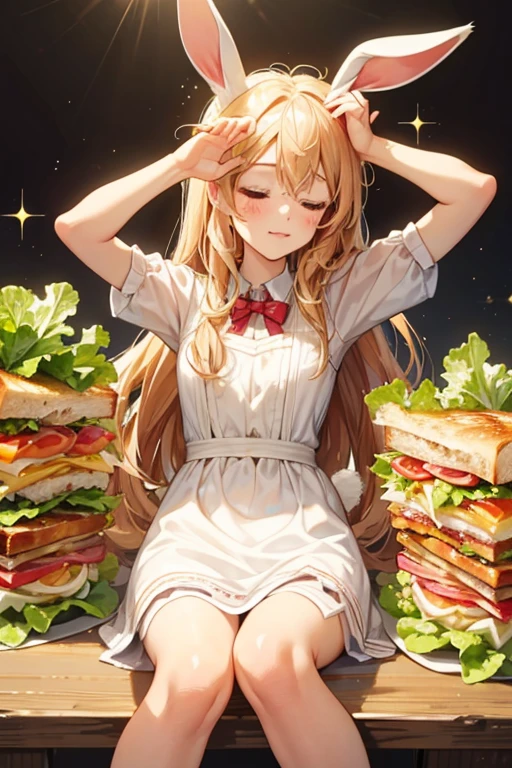 A toasted sandwhich with a sleepy face and rabbit ears attached to two pieces of lettuce, formed like a bow. Inside of her is bacon, cheese, lettuce, and tomato. SPARKLE; GLITTER