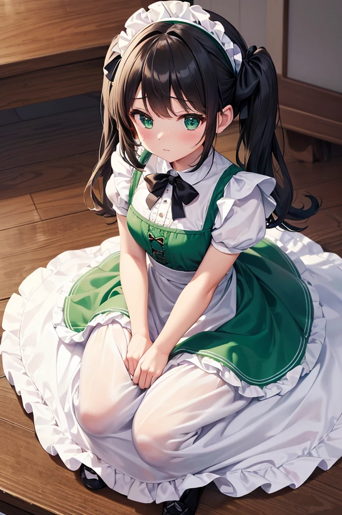 Tabletop, Highest quality, shape, Very detailed, In detail, High resolution, 8k wallpaper, Perfect dynamic composition, ((close:1.3, From above, View your audience)), Beautiful details , (Wearing cotton maid clothes, , Cute Ruffle Girl Dress, Maid's headband, The base color is white、black、green),Twin tails