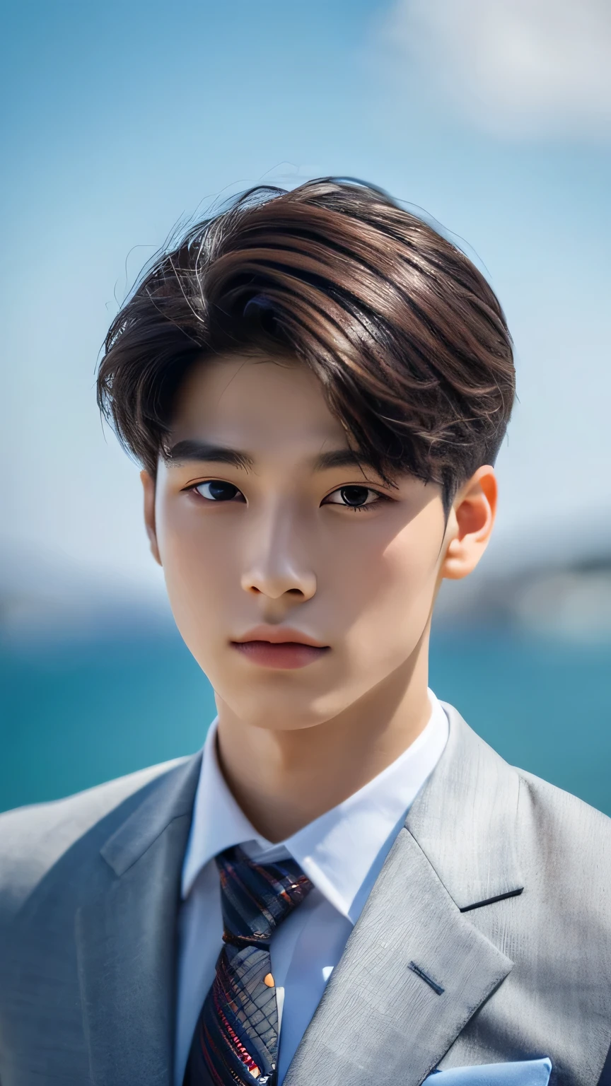 Highest quality, masterpiece, Ultra-high resolution, (Realistic: 1.4), Original photo, wallpaper, Head Photo, skin, Simple Background, Iris, detailed, Selfie, 1 boy, 18-year-old, good looking, Wind,suit、Rocky area