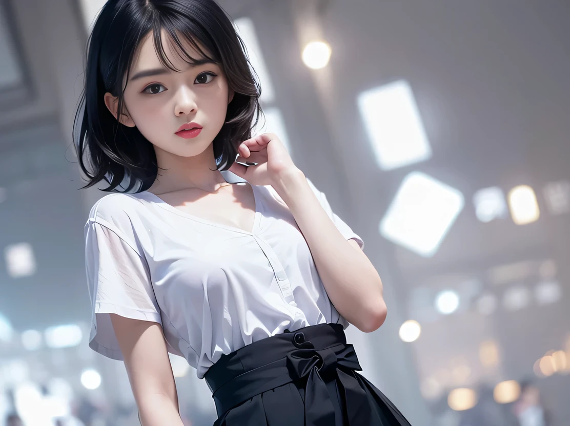 (1 nogizaka girl,RAW Photos,Photorealistic:1.5),(最high quality, high quality,High resolution, 最high quality,ultra High resolutionolution,High resolutionolution,High resolution,超High resolution,Large file size,8k,2k wallpaper,8k wallpaper,high quality texture,wonderful,Very delicate:1.4),one girl, Japanese Idols,Blurred Background,(Short sleeve mini dress、short hair),Medium skin,Beautiful Skin,Detailed skin,Black Hair,Silky Hair,Detailed eyes,Iris,Japanese Nose,Five fingers、View your viewers,Professional Lighting,girl、Waist、I can see your thighs、Full Body Shot、”dwarf”、(Floral clothes)、