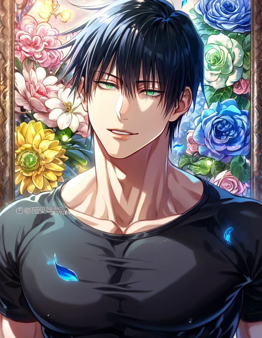 absurdres, highres, ultra detailed, HDR, master piece, Fushiguro Touji, black hair, expressive green eyes, black tight shirt, toned chest, Jujutsu Kaisen, sexy man, room, handsome, best quality, flowers, fantasy, magical, solo, blue shining fireflies, blue petals, sensual, handsome smile