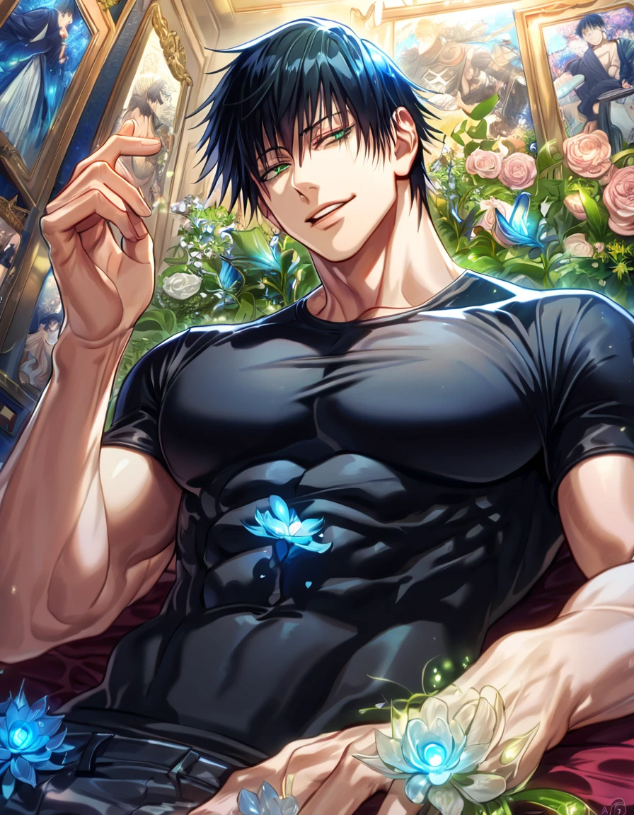 absurdres, highres, ultra detailed, HDR, master piece, best quality, Nicholas D. Wolfwood, black hair, expressive gray eyes, black sunglasses, Trigun, solo, sexy man, handsome, toned chest, sitting, gray shirt, black coat, blue butterflies, blue petals, blue flowers, magical, fantasy