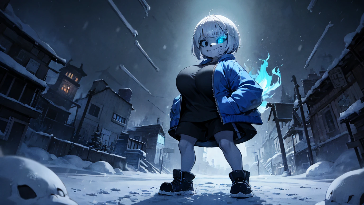Sans blue jacket black shirt fire eyes skull smile long eyelashes white short hair glowing face blue keel cannon one standing in the snow town Femininefull Super huge big breasts breast enlargement full-body shot