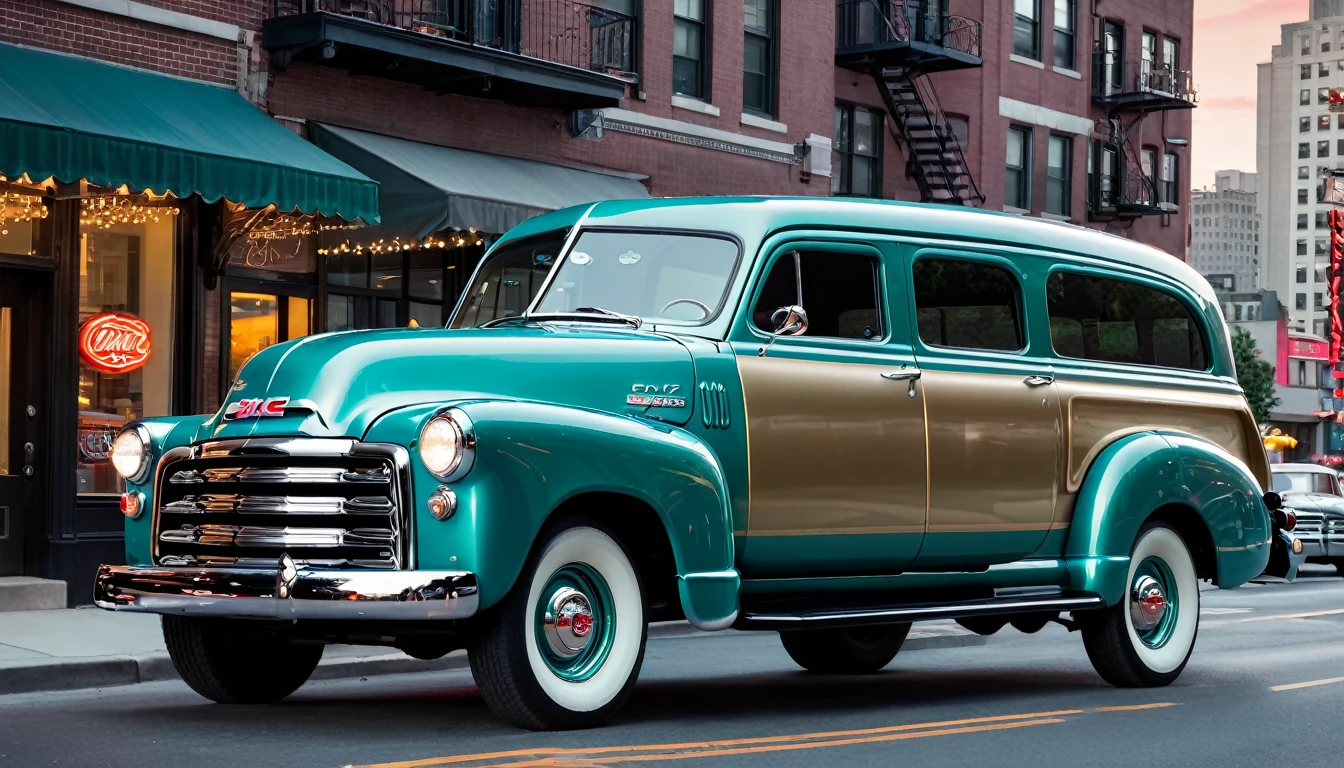 A captivating photograph of a 1952 GMC Suburban, with its chrome gleaming against the backdrop of a bustling city street, exuding charm and nostalgia Cinematic film still, shot on v-raptor XL, film grain, vignette, color graded, post-processed, cinematic lighting, 35mm film, live-action, best quality, atmospheric, a masterpiece, epic, stunning, dramatic