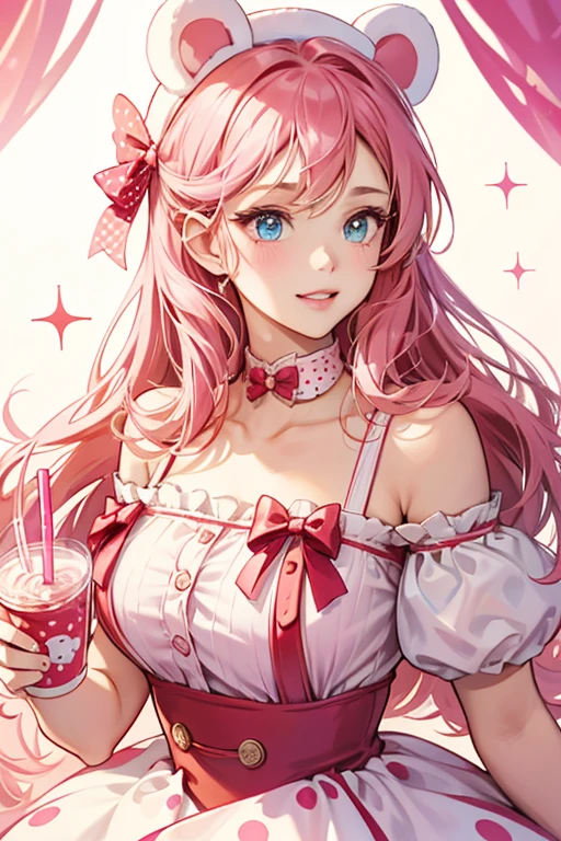 Cassie Cola is a pink cup of cola with a happy face and a white lid. She has a thick pink straw attached to a red polka-dot bow, and two pink bear ears. SPARKLE; GLITTER