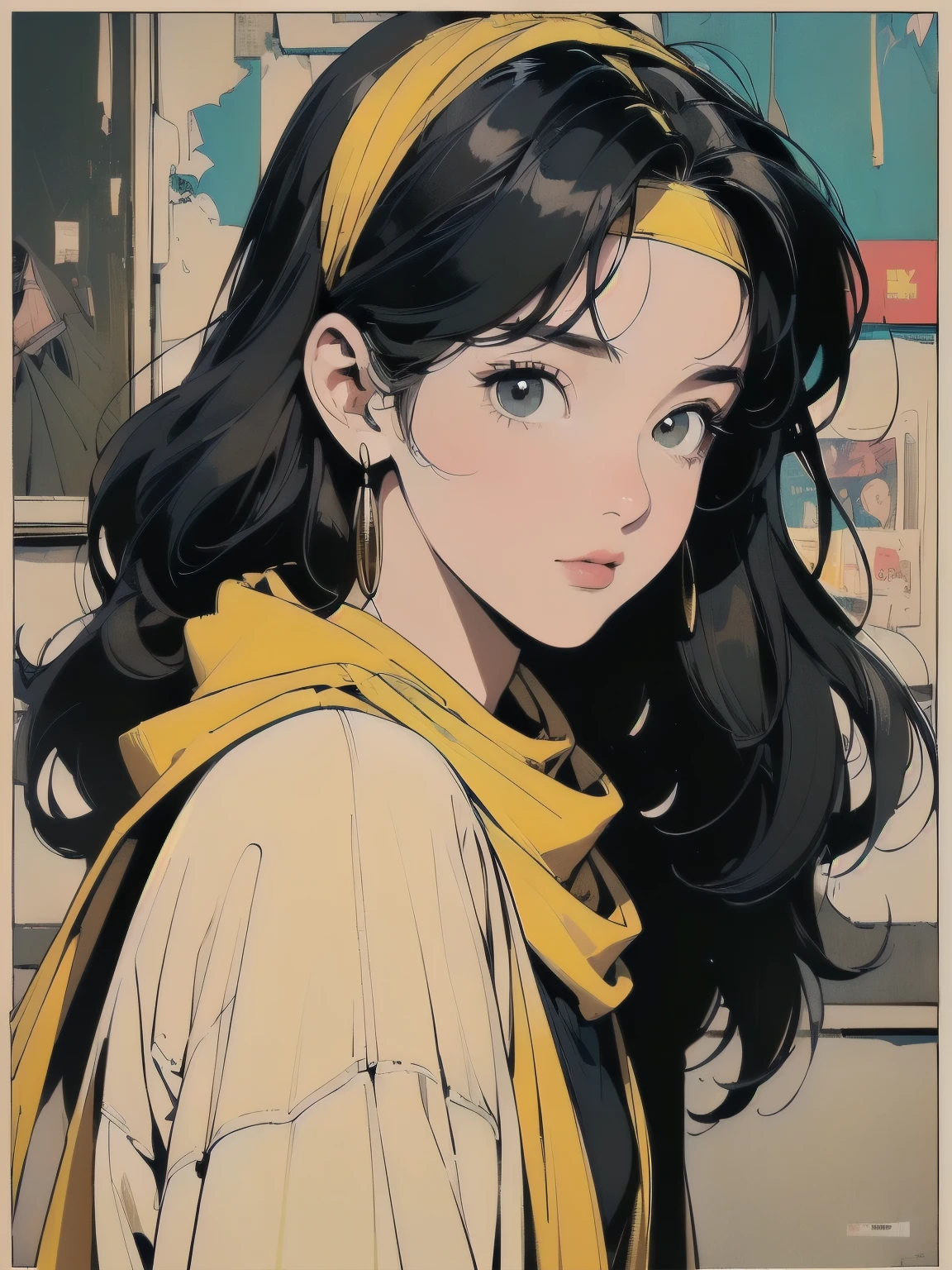 (((Fisheye Lens))), Superior quality, masterpiece, 32K, Depth of written boundary, Complex background、(((Strong light))), Panorama, Long Shot, Backlight, (((Very dull color))),(((One adult woman))), (((Extremely detailed backgrounds))), (((head shot))), Ultra detailed hair, (((Faint lighting))),(((A variety of unique hairstyles))), ((((Different angles)))), (((The wind is blowing))),(((Light on the face.))),(((Flat Chest))),Spacesuit,(((mysterious))),Destroyed city,(((Dilapidated abandoned apartment)))、((((Yellow scarf))))、(((Black Hair)))、(((Yellow headband)))、(((Movie Posters)))