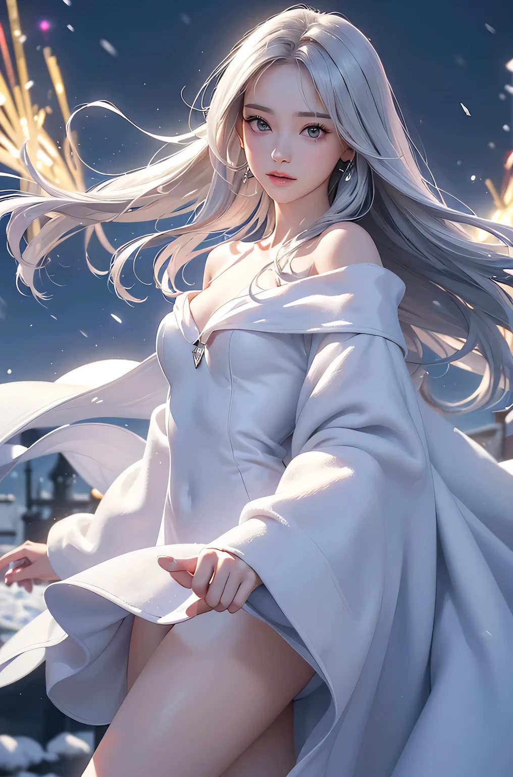 ((masterpiece:1.5、8k、Portraiture、Photorealistic and very detailed CG、Very detailed、Particle Effects、Dynamic Effects、Shallow depth of field、Cinematic Light、Lens flare、Ray Tracing、Tabletop、Realistic:1.4、Ultra-high resolution:1.2、Realistic、Realistic))((alone、,A woman wearing a cashmere coat over an off-the-shoulder dress:1.4、Elegant woman posing、Detailed face、brightexpression、young, bright, Whiter skin、Ample breasts、Best Looks、Ultimate beauty、Shiny silver hair with highlights、bright and shiny hair,、Super long, Silky straight hair、Hair dancing in the wind))(morning、The setting is outdoors in the snow、Surrounded by illuminations)Wear warm clothes