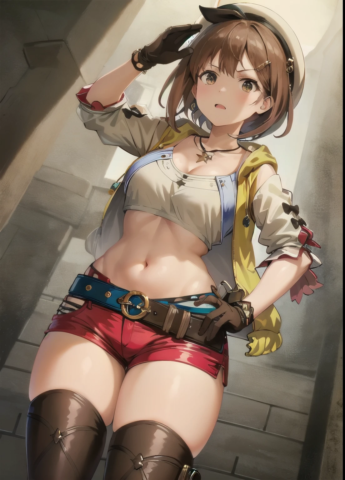 masterpiece, Highest quality, High resolution, Detailed face, Detailed Eyes, 1st Default, Liza, One girl, alone, Shorts, gloves, belt, Head Ribbon, jewelry, red Shorts, Brown Hair, Knee socks, short Shorts, Bridal Legwear, necklace, Brown eyes, 片手gloves, hair ornaments, Hair Clip, star necklace, Closed-toe footwear, leather, star (symbol), White Hat, brown gloves, boots, short hair, Thighs, leather belt, brown belt, leather gloves, belly button, thigh boots, white Knee socks, clavicle, Brown footwear, Cleavage, Large Breasts, Outdoor, sunny, (Wide pelvis), (Crotch up from below:1.5)