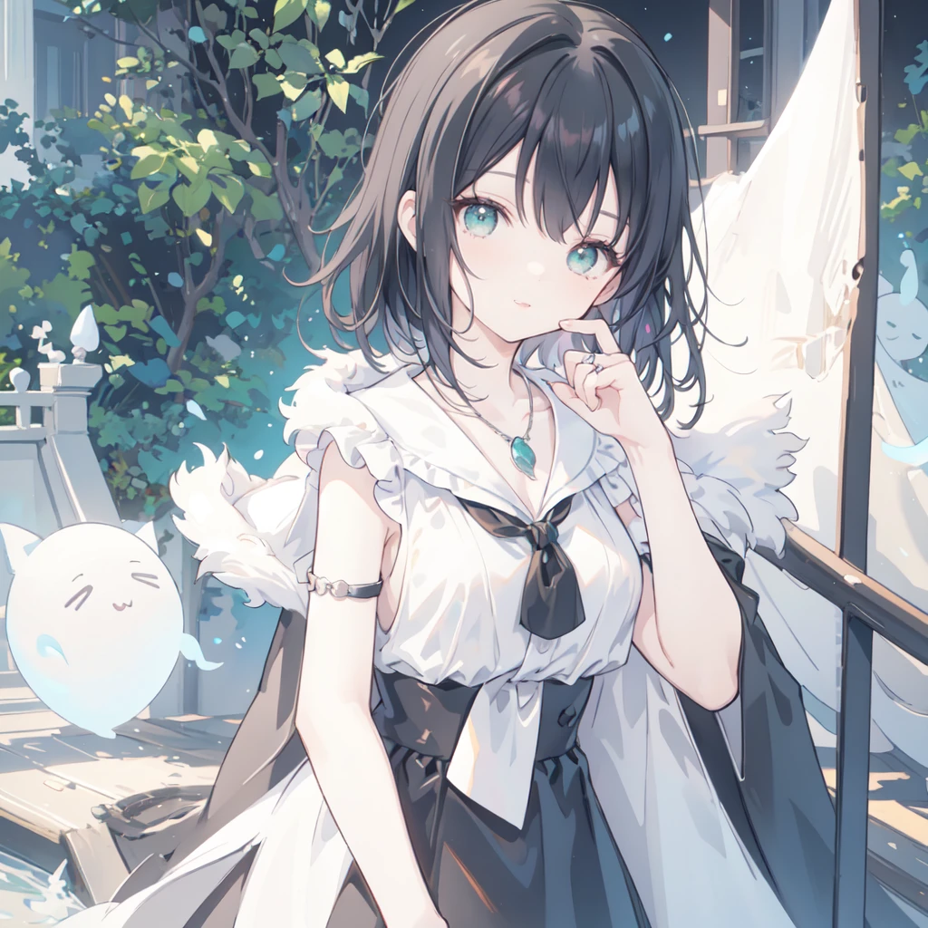 mj3d style,3 minutes,3d,(masterpiece, best quality:1.1), Ghibli style, mulberry (Ghost Princess), 1 Girl, armband, Bangs, Black Hair, black undershirt, breast, cape, ring, 耳ring, Face painting, Flowing hair, forest, fur cape, Green Eyes, Jewelry, Looking at the audience, medium breast, nature, necklace, outdoor, parted Bangs, shirt, short hair, sleeveless, sleeveless shirt, Solitary, tooth necklace, Tree, Upper Body, white shirt