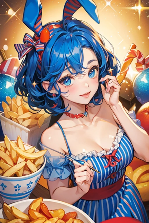 Frenchie Curls is a blue striped container with several orange curled fries sticking out and a winking expression. She wears two red bows. SPARKLE; GLITTER