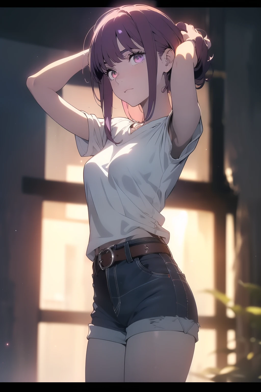 (((Obra maestra, La mejor calidad, ultrahigh resolution))), ((expressive brown eyes)), a clear view of a happy looking girl standing in a club waiting for someone)), (white t-shirt,blue jean shorts, belt, round glasses black, purple wolf cut hair, long dark purple hair), pale skin, ((brown eyes)), (glowing_eyes), ((centered)), ((wide shot)), facing viewer, ((indoor , purple and black lights, black dancing silhouettes:0.9)), medium breasts, looking at viewer, ((perfect hands)), (((head:1, arms, hands, elbows, thighs, in view))), lively eyes, beautiful lighting, background, ((defined subject)), 25 years old, (((cool))), ((lively)), (((reserved pose))), ((perfect ???????))