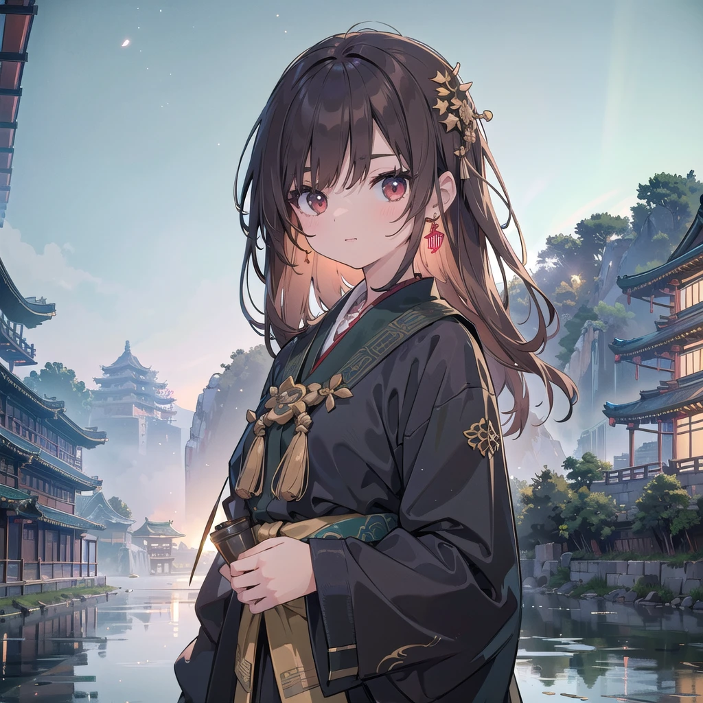 (best quality: 1.3, masterpiece: 1.3), Ultra HD, (1 Girl, Solitary), Atmospheric perspective, Delicate face, Upper Body, cosmetic, Pink lips, Cleft lip, Glowing skin, (Brown hair), Extra long hair, Looking at the audience, Red Eyes, earrings, Small Breasts, slim, (white silk), (((((East Asian Architecture, riverside, Beautiful background))), Perfect lighting, (Front lighting), Physically Based Rendering,