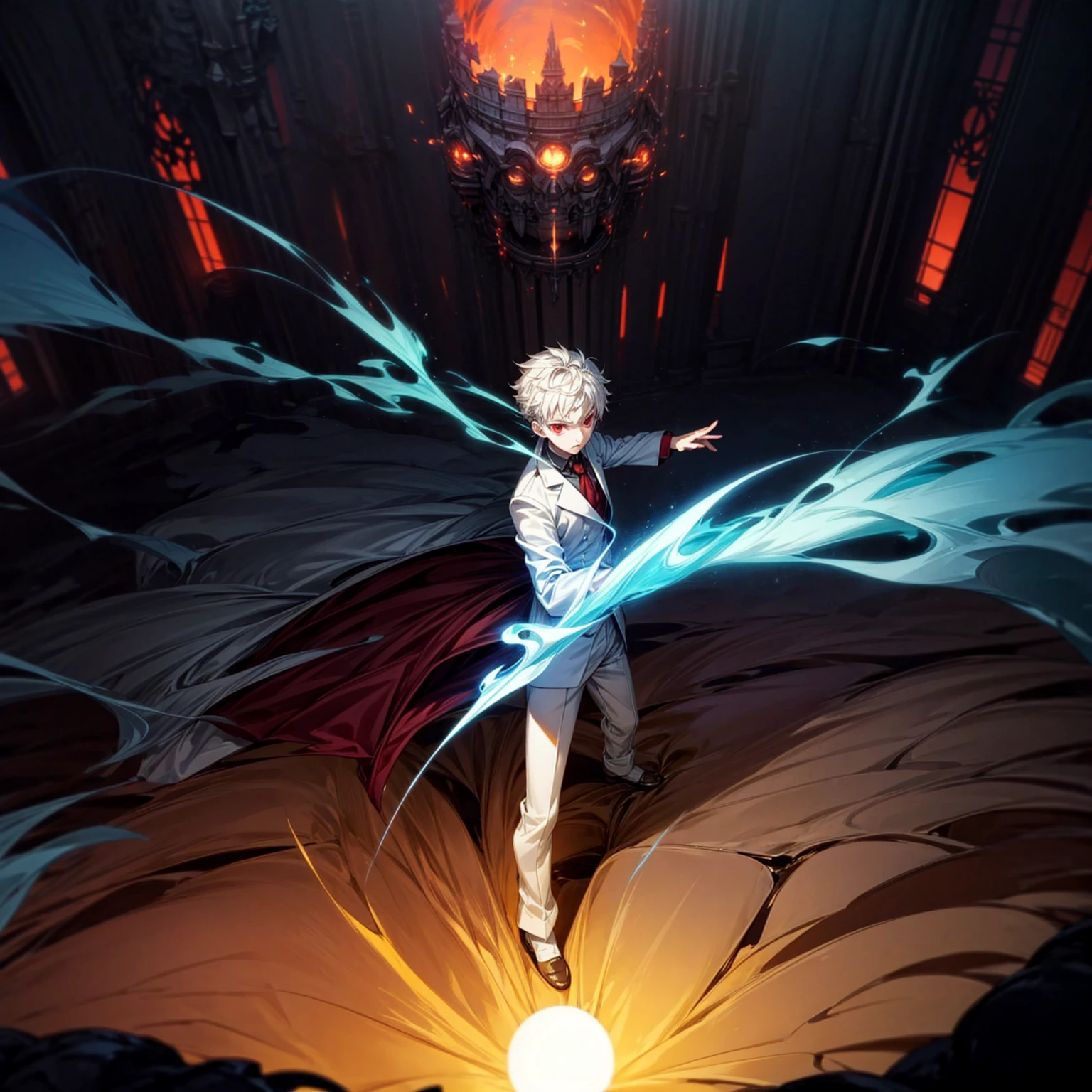 Solo, ??? vampire, ??? boy, Full body version, light red eyes, wavy haircut, white color hair, suit style outfit, Grassroots, full background indoor room Castle, motion blur, lighting, (one piece style art), light fire on hand, light fire in hand, standing gesture, light fire blue, smoke effect, plasma effect, aura effect, evening, high angle view 