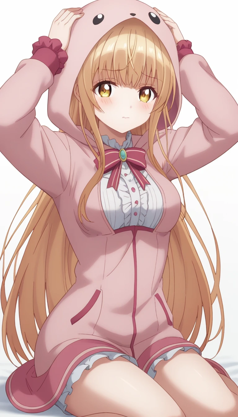 score_9, score_8_up, score_7_up, rating_explicit, 1girl, solo, MahiruShiina, otonari no tenshi-sama ni itsu no mani ka dame ningen ni sarete ita ken, shiina mahiru \(otonari no tenshi-sama\), yellow eyes, blonde hair, pink animal hood, long hair, straight hair, medium breasts, frills, frilled pink ruffled shirt, pink hooded jacket, long sleeves, arms up, open jacket, frilled pink shorts, bare foot, ankle scrunchie, cowboy shot, looking at viewer, sitting, yokozuwari, simple background, white background, blush, :o, closed mouth