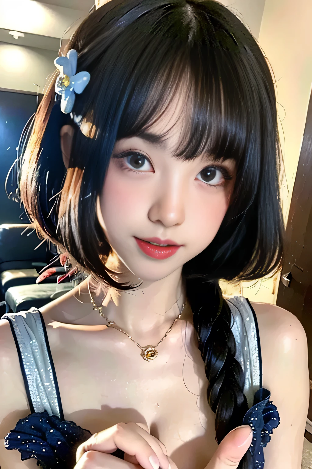 (masterpiece,best quality:1.4),(absurdres:1.3),((8k)),((super resolution:1.4)),(raw photo,photo realistic:1.2),(shiny skin),extremely detailed skin,detailed face,detailed eyes,sparkling eyes,Detailed hand,Detailed Hair,Detailed Background,,((Detailed cute Idol blue lace dress,cleavage,holding microphone,Tokyo Dome, Yokohama ArenaConcert,stage)),1girl,upper body,Japanese idol,Elaborate design,extremely beautiful face,brown hair,Hair ornament, fair-skinned ,random hairstyle,Indoor, pretty girl singing,,nsfw,,crouch,Front view from below:1.3,Cute idol costumes with nogisaka,Costume design with visible panties,lace Panties 