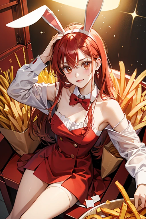 A red container with several fries sticking out and a basic expression. Two of the fries stick out higher than the rest to give the impression she has rabbit/bunny ears, and she wears a light red bow. SPARKLE; GLITTER