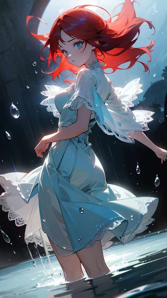 Red haired, young woman, fantasy, wearing a Billowing skirt i fused with water droplets, defined waistband, and lace added, dark lighting, glowing water droplets, water droplet dress, light blue water droplets