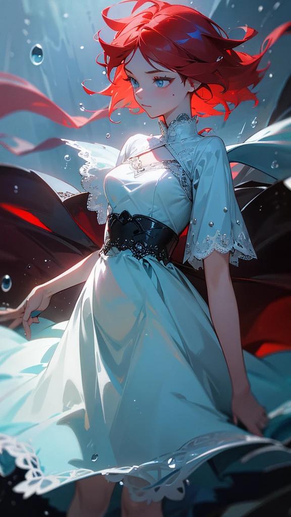 Red haired, young woman, fantasy, wearing a Billowing skirt i fused with water droplets, defined waistband, and lace added, dark lighting, glowing water droplets, water droplet dress, light blue water droplets