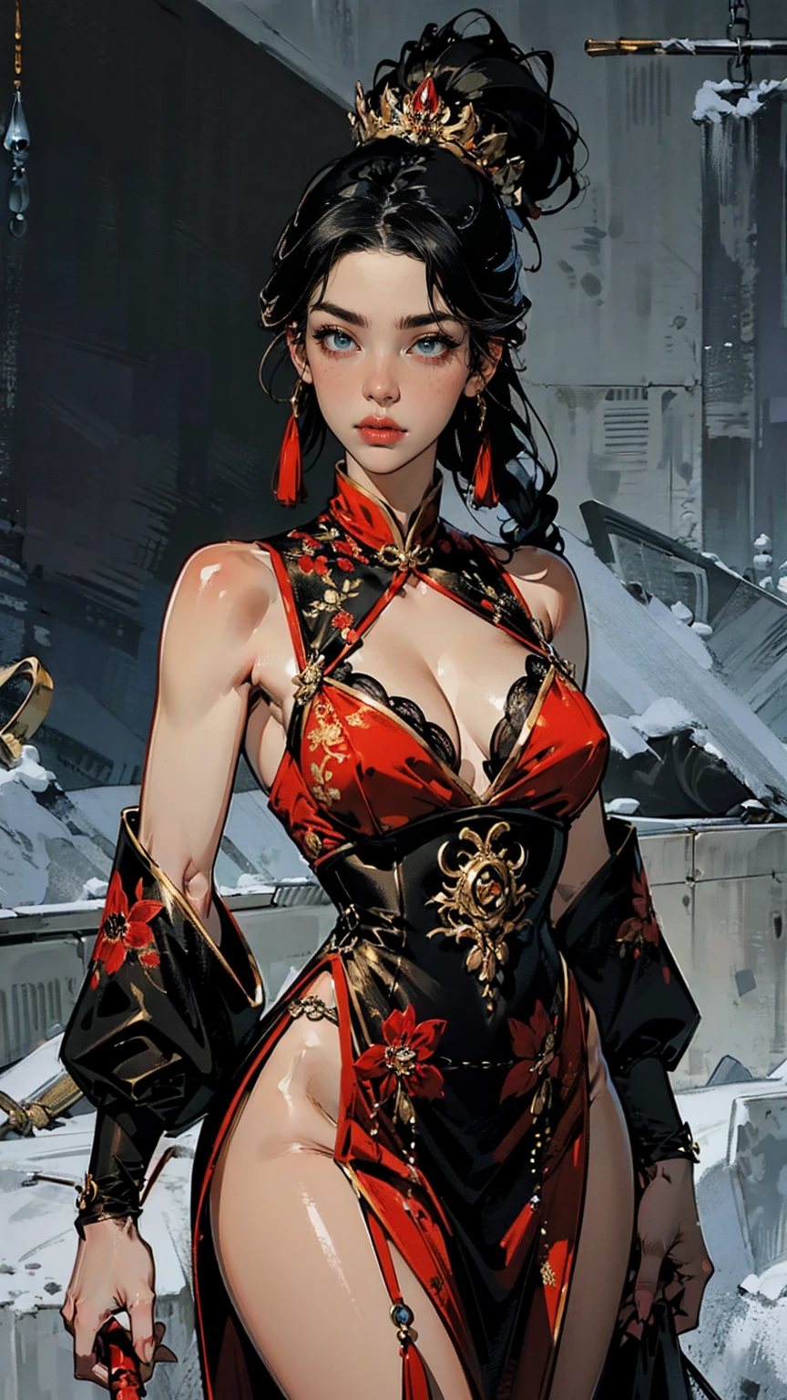 {
  "prompt": "Commander Mei Lin, a highly detailed seinen manga style illustration in a 4K resolution, depicted as the Empress’s Wrath. She is shown with fair, flawless skin and long, straight raven-black hair styled in an intricate updo adorned with jeweled pins and a small crown. Her piercing cold gray eyes reflect intelligence, determination, and fierce loyalty. Mei Lin wears an elaborate uniform resembling the ceremonial attire of Empress Xian Li, made from the finest silks in shades of deep red, black, and gold, adorned with intricate embroidery and delicate lace. She carries a ceremonial dagger and sword, with hidden weapons concealed within her attire. The background includes elements of the imperial palace, with a dark, oppressive atmosphere, emphasizing her role as the enforcer of the Empress’s will. The illustration captures Mei Lin’s commanding presence, her cold and emotionless expression, and the aura of power and ruthlessness that surrounds her.",
  "size": "1024x1792"
}
