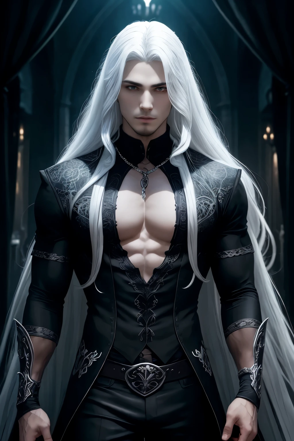 black fantasy, Mediovale, Gothic, vampyre, young guy, with long white hair, strong build, Open chest, High definition