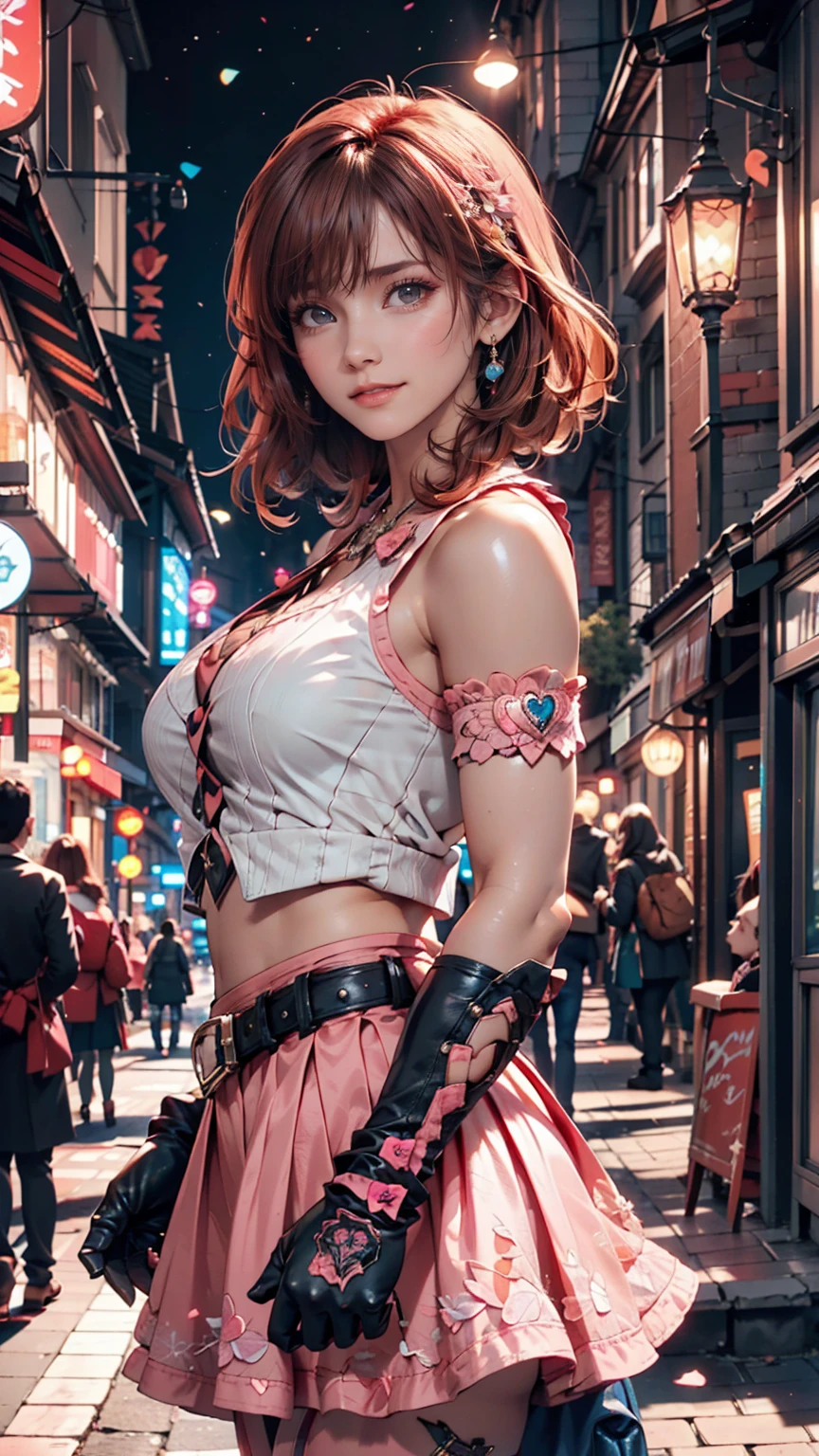 One girl,Cowboy Shot, Beautiful Nora_Valkyrie, View your viewers, smile, short hair, blue eyes,Heart Cutout, gloves,  Jacket, Pink Skirt, Pink Belt, Short sleeve, Puff sleeves, Wrist Seal, fingerless gloves, Orange Hair, pink gloves, Dynamic pose, night, Outdoor, city, (Volumetric lighting), Highest quality, masterpiece, Intricate details, Tone Mapping, Sharp focus, Super detailed, Trending on Art Station,