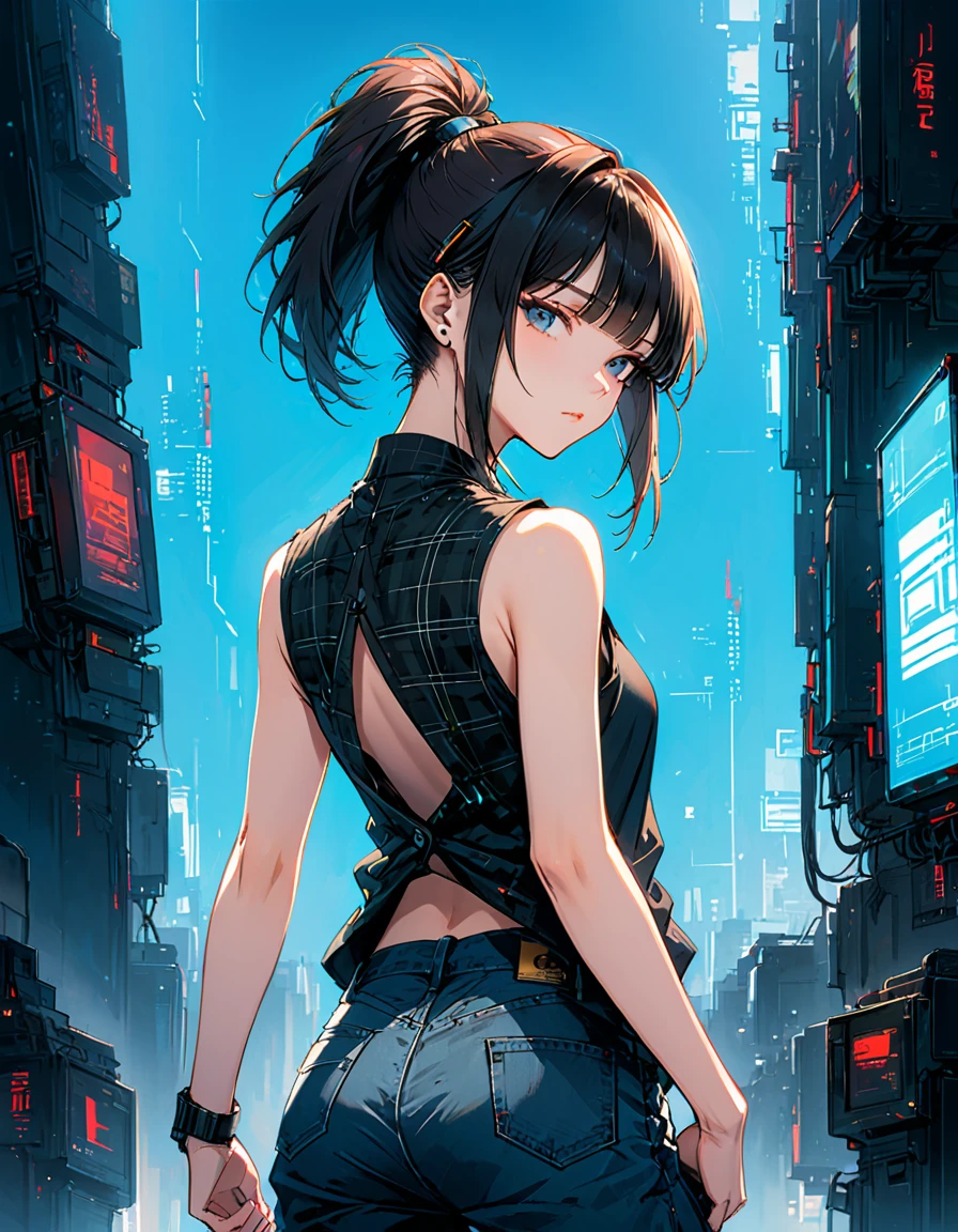 style of santiago caruso,1 Girl,Solitary,Blue Background,Oversized ,Hip-hop style,Black plaid sleeveless T-shirt,jeans,One hand behind your Back,Looking at the audience,(Soft and Straightforward Cyberpunk Hairstyle:1.5)发光的荧光head发,Simple style,Wide Angle,Dynamic Angle,Slanted screen composition,(Bangs_fixed_Back:1.5),(head_tilt:1.7),透过head发可以看到腮红