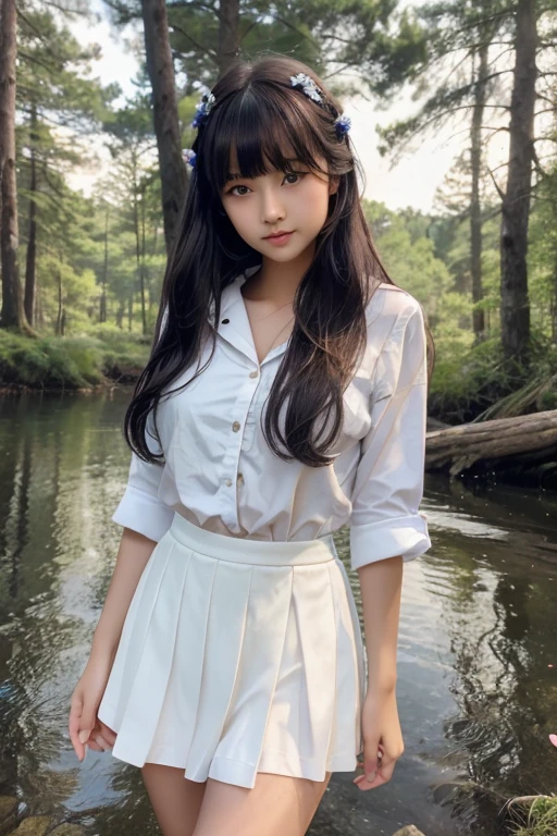 nsfw、​masterpiece、high-level image quality、The ultra -The high-definition、8k wallpaper、((extremely beautiful face、kawaii faces))、Bright brown eyes、((Double beautiful eyes))、no-makeup、Well-formed face,full body indian、a sailor suit,Summer uniform、Blue tie、a blue skirt、One Beautiful Girl, hi-school girl、15yo student、Hairstyle with bangs、great outdoors、Blue swamp in the coniferous forest belt、Beautiful girl walking in the water and coming here、Embarrassment、confusion、Ephemeral、dark sky、side lights、Noise Reduction、Pale and soft light、diffuse glow、Hair that flutters in the wind、A skirt that flutters in the wind、white panty