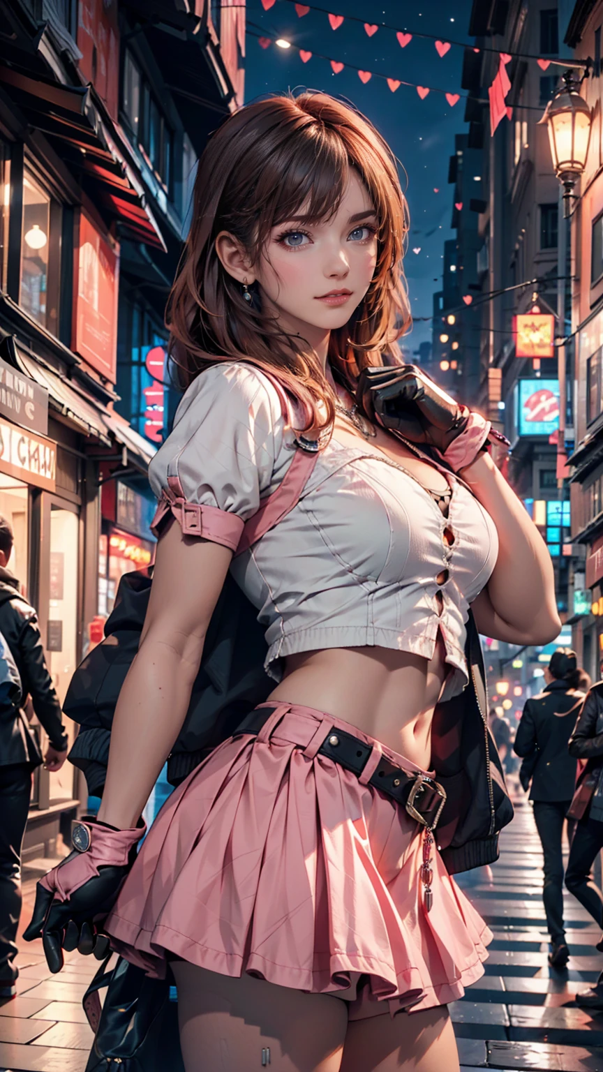 One girl,Cowboy Shot, Beautiful Nora_Valkyrie, View your viewers, smile, short hair, blue eyes,Heart Cutout, gloves, Jacket, Pink Skirt, Pink Belt, Short sleeve, Puff sleeves, Wrist Seal, fingerless gloves, Orange Hair, pink gloves, Dynamic pose, night, Outdoor, city, (Volumetric lighting), Highest quality, masterpiece, Intricate details, Tone Mapping, Sharp focus, Super detailed, Trending on Art Station,