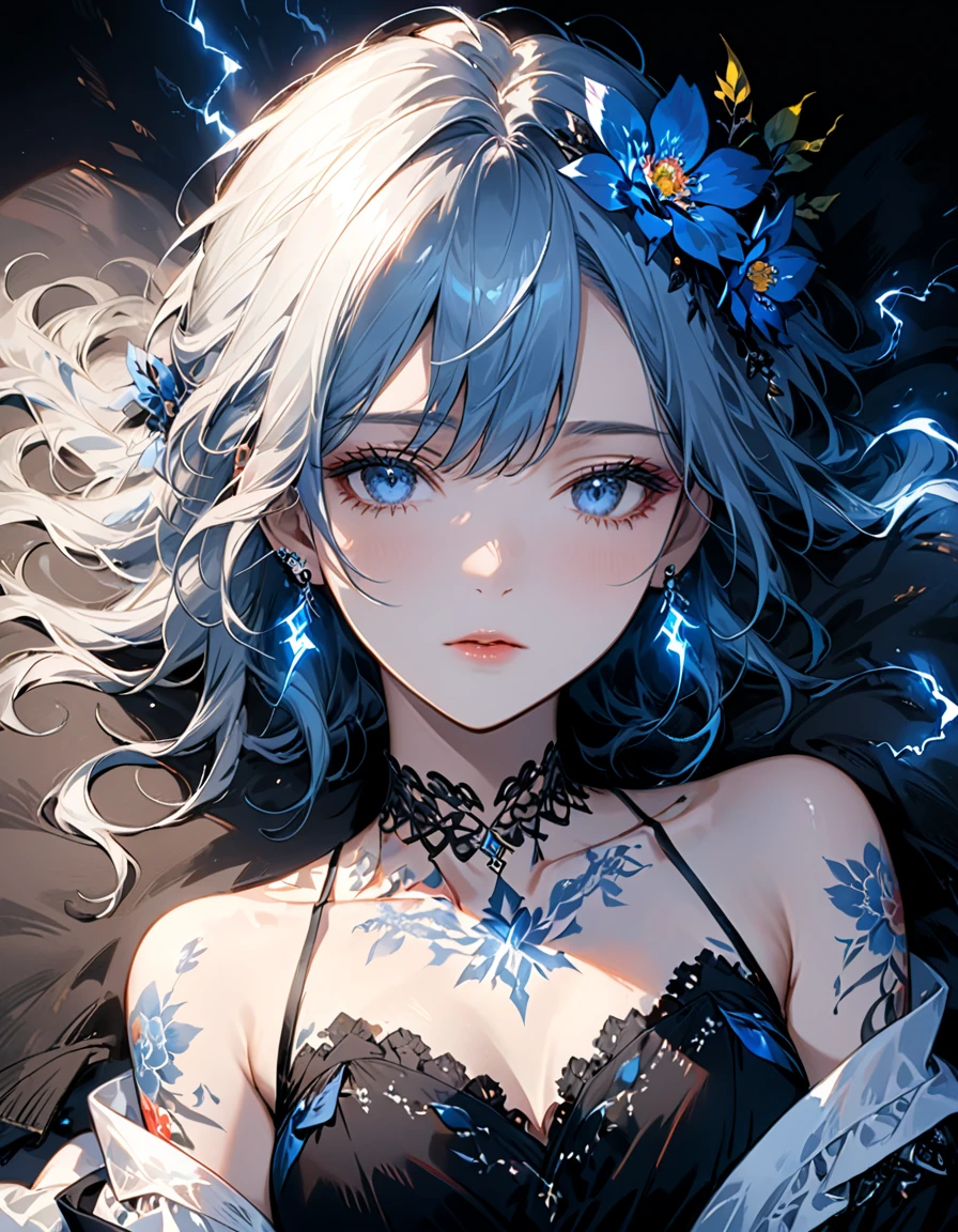 (Harry Clark (Harry Clarke) style:0.8),圣地亚哥·卡鲁索style, 1 Girl,Black background,Lying down,Close your eyes,Gray blue hair,Messy soft hair,Bare shoulders,(Blue Flower Tattoo On Chest),(Gorgeous and exquisite tattoo:1.8),necklace,Diamond and sapphire earrings,Black shirt, rest (((Black))),(((dark))),(((Low-key lighting))),(((dark art))),(((Blue lightning effect))),Portrait close-up, rest Textured Skin,Textured Skin,Textured Skin,Super Detail,best quality,high resolution,masterpiece