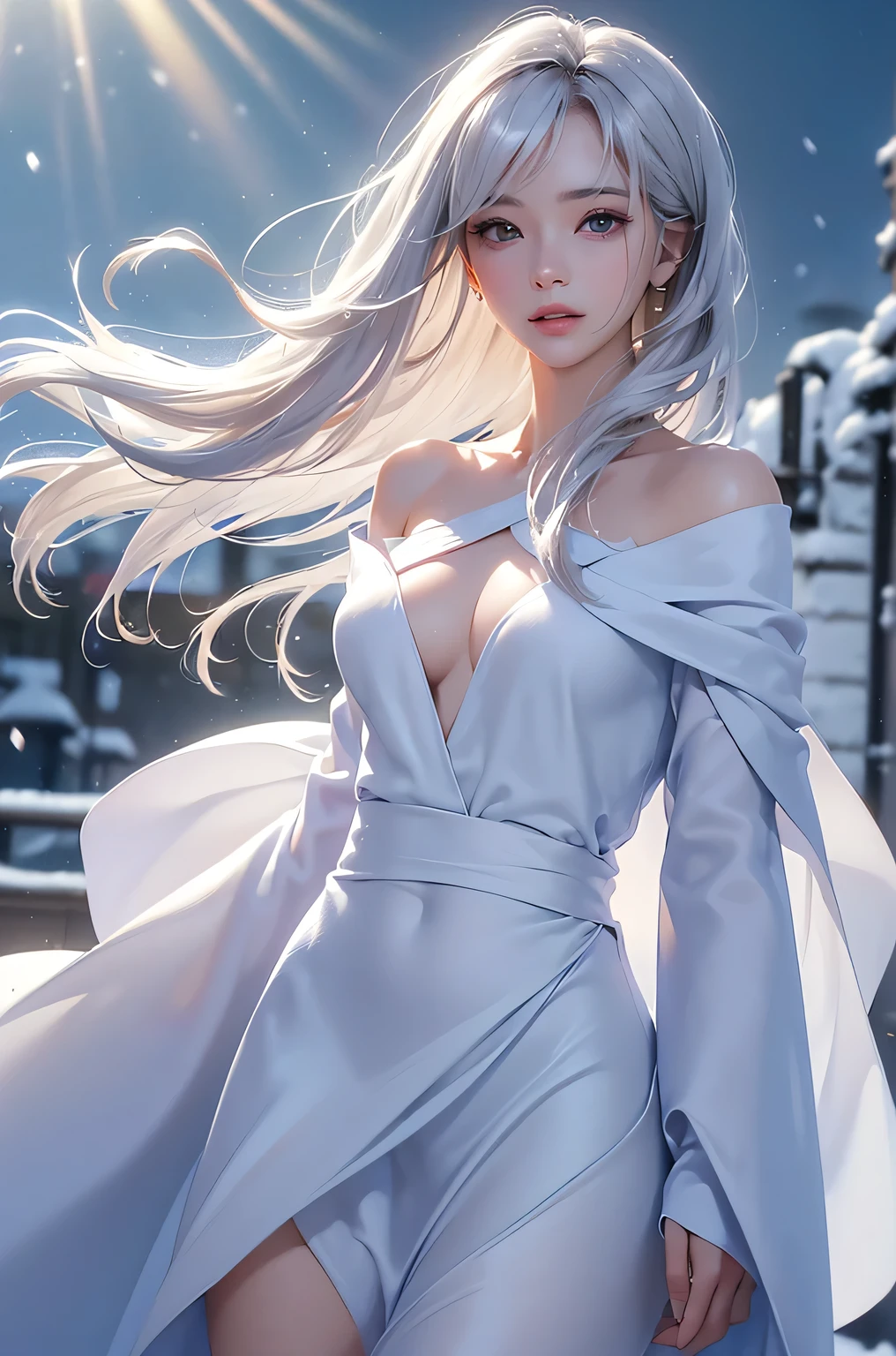 ((masterpiece:1.5、8k、Portraiture、Photorealistic and very detailed CG、Very detailed、Particle Effects、Dynamic Effects、Shallow depth of field、Cinematic Light、Lens flare、Ray Tracing、Tabletop、Realistic:1.4、Ultra-high resolution:1.2、Realistic、Realistic))((alone、,A woman wearing a cashmere coat over an off-the-shoulder dress:1.4、Elegant woman posing、Detailed face、brightexpression、young, bright, Whiter skin、Ample breasts、Best Looks、Ultimate beauty、Shiny silver hair with highlights、bright and shiny hair,、Super long, Silky straight hair、Hair dancing in the wind))(morning、The setting is outdoors in the snow、Surrounded by illuminations)Wear warm clothes

