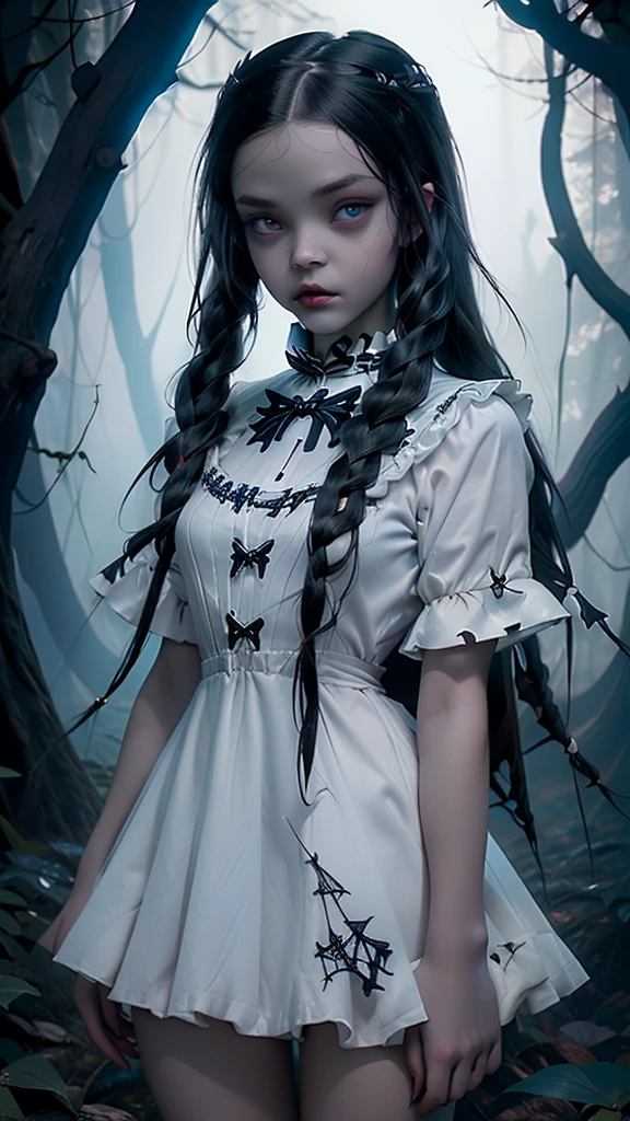 Jenna Ortega as wednesday addams, with short white Lolita dress , (dark forest background rojo:1.4) , score_9, score_8_above, score_7_above, score_6_above, Classification_????????, 1 girl, ((18 years:1.2)), adult, full lips, big light eyes, light blue eyes, ((by rubio:1)), (long wavy hair: 1.2),(Jenna Ortega as wednesday addams:1.4), (Jenna Ortega as wednesday addams V2.1), (Face details: 1.5, bright blue eyes, beautiful face, pretty eyes, Iris lining, thin lips: 1.5, delgado, pale and sharp eyebrows, long, dark eyelashes, double tabs),(skulls on the floor), (showing panties :1.4), (dark forest background :1.4),( perfect breasts), (beautiful weight), (short white Lolita dress :1.4), (dark forest background rojo :1.4), ( wednesday addams:1.4) 