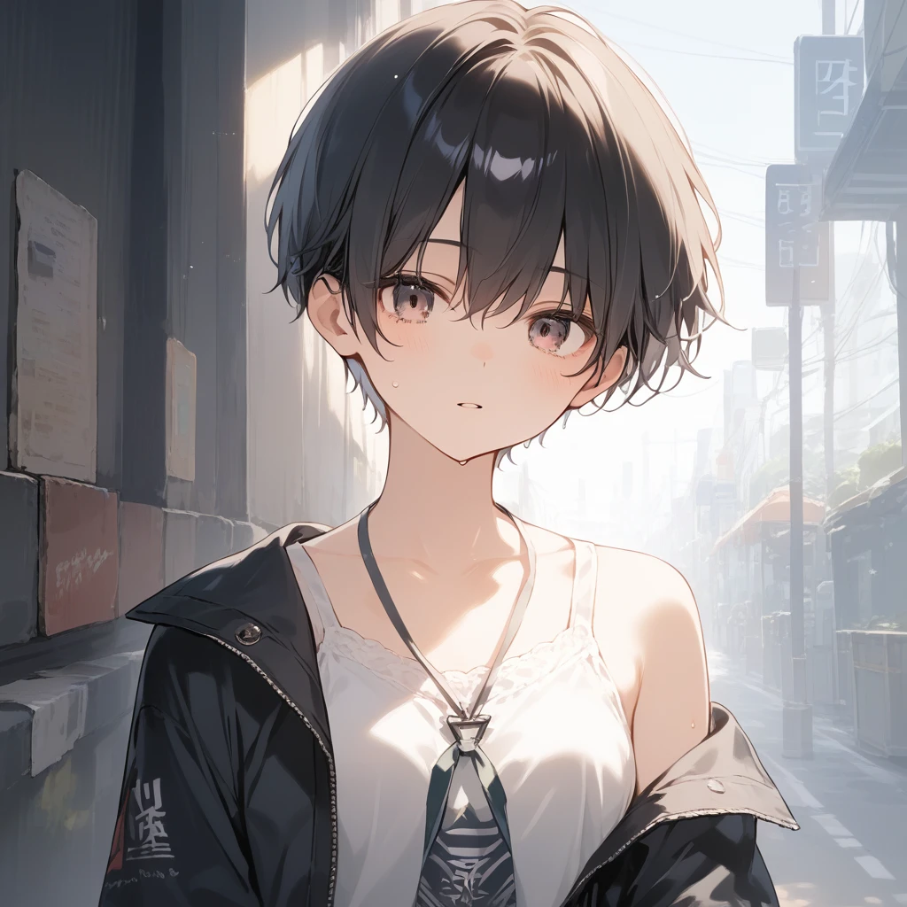 score_9, score_8_up, score_7_up, source_anime, best quality, masterpiece, official art, absurdres, highres, ultra-detailed,waifu2x,Collection: Slice of Life,break,1girl, tomboy, very short hair, pixie cut, breasts, groin, open eyes, beautiful detailed eyes, expressionless, sweat, parted lips, sleepily, outdoors, break,(clear line illustration:1.2), super detailed skin,very high resolution, very aesthetic, Best sexual lighting powered by famous artist, 8k,cute picture,beauty illustration,photoshop_(medium),,(Detailed Lighting),best anime 8k konachan wallpaper, pixiv contest winner,