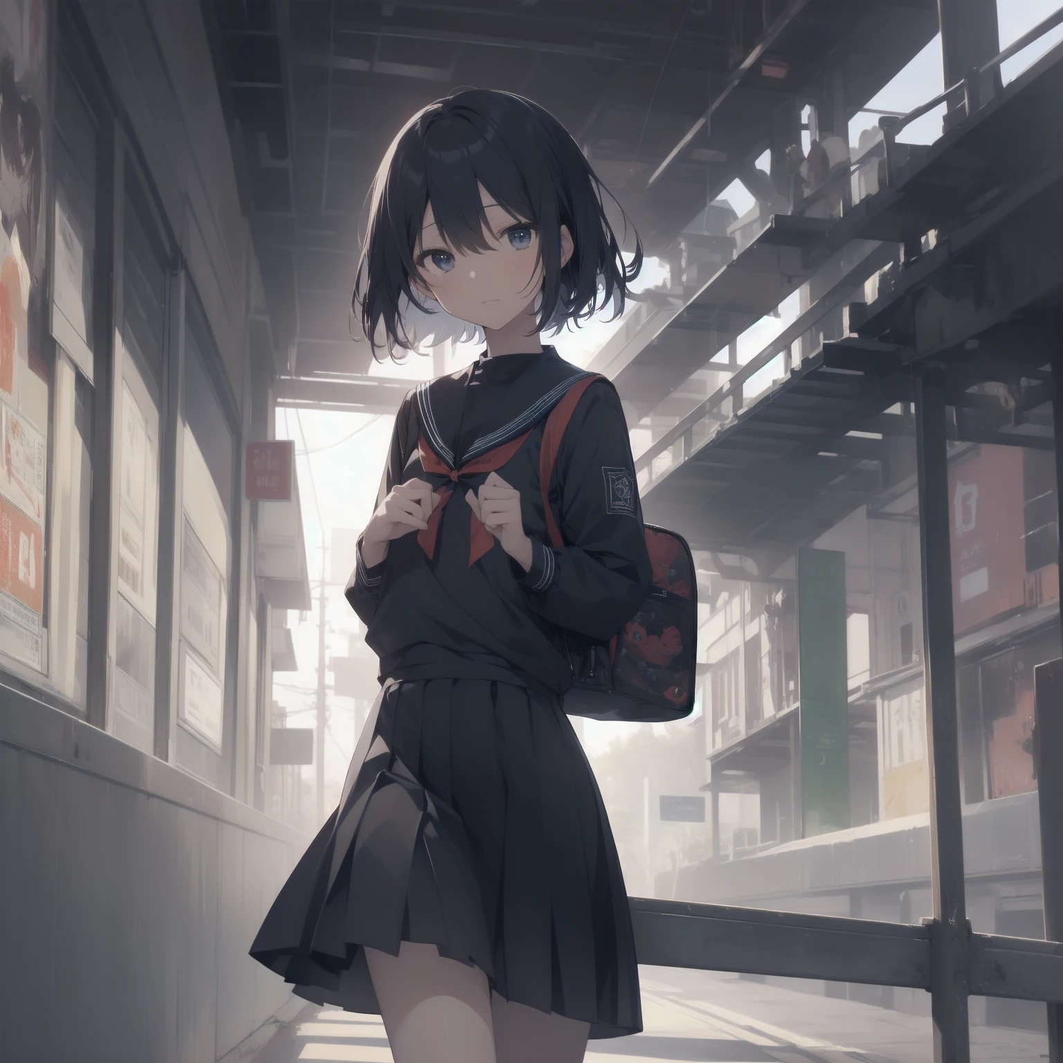ultra-absurdres-Top quality by artist God, ultra-detailed, high resolution, anime moe artstyle, best anime 8k konachan wallpaper, pixiv contest winner, pool:2810, perfect anatomy,break, 1girl, (Please draw a girl walking sleepily to school alone. )break,(Solo,little female, 13-year-old:1.3),Full limbs, complete fingers,a junior high school student, (very short hair), short cut, flat chest, , small butt, small black eyes, beautiful detailed eyes, well-proportioned iris and pupils, expressive eyes, highres detailed hair, soft expression, salor school_uniform, sailor collar, serahuku, bow, pleated skirt,(Detailed Lighting), (Detailed background), in the School commute route. break,super detailed skin, Best cinematic lighting powered by famous artist, 8k,beauty illustration,photoshop_(medium),very aesthetic,break,((artist:anti_(untea9) )), artist:clamp ,artist:carnelian ,artist:kantoku ,