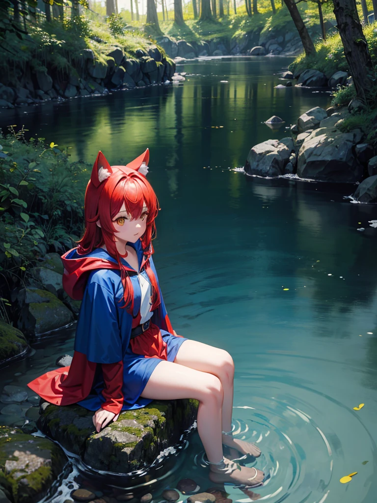 8K, best quality, (Reality:1.4), RAW photos, 1 Girl, Red hair, Animal ears, Blue hooded cape, Ears sticking out, posture: Sitting on rocks by forest river, Yellow eyes, -