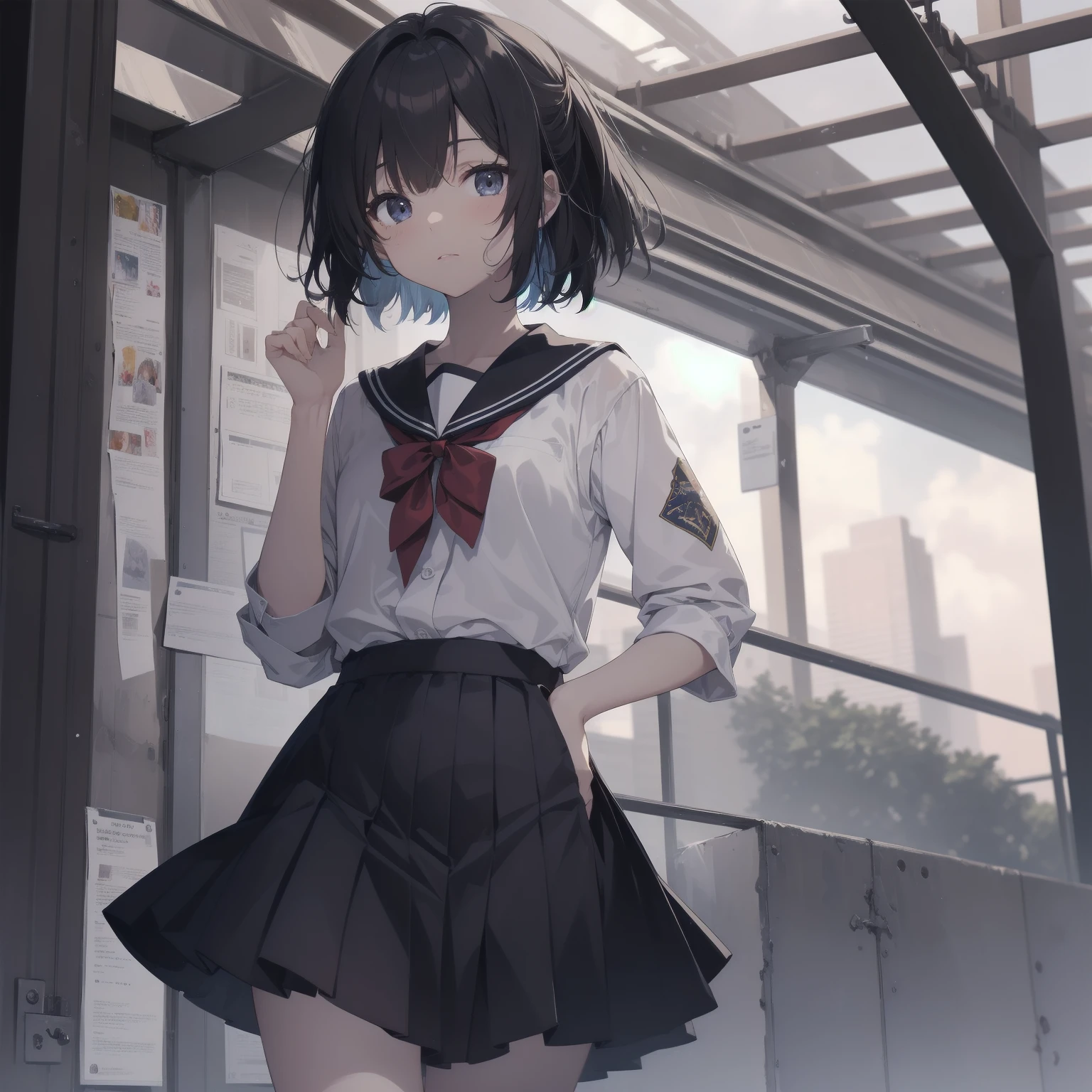 ultra-absurdres-Top quality by artist God, ultra-detailed, high resolution, anime moe artstyle, best anime 8k konachan wallpaper, pixiv contest winner, pool:2810, perfect anatomy,break, 1girl, (Please draw a girl walking sleepily to school alone. )break,(Solo,little female, 13-year-old:1.3),Full limbs, complete fingers,a junior high school student, (very short hair), short cut, flat chest, , small butt, small black eyes, beautiful detailed eyes, well-proportioned iris and pupils, expressive eyes, highres detailed hair, soft expression, salor school_uniform, sailor collar, serahuku, bow, pleated skirt,(Detailed Lighting), (Detailed background), in the School commute route. break,super detailed skin, Best cinematic lighting powered by famous artist, 8k,beauty illustration,photoshop_(medium),very aesthetic,break,((artist:anti_(untea9) )), artist:clamp ,artist:carnelian ,artist:kantoku ,