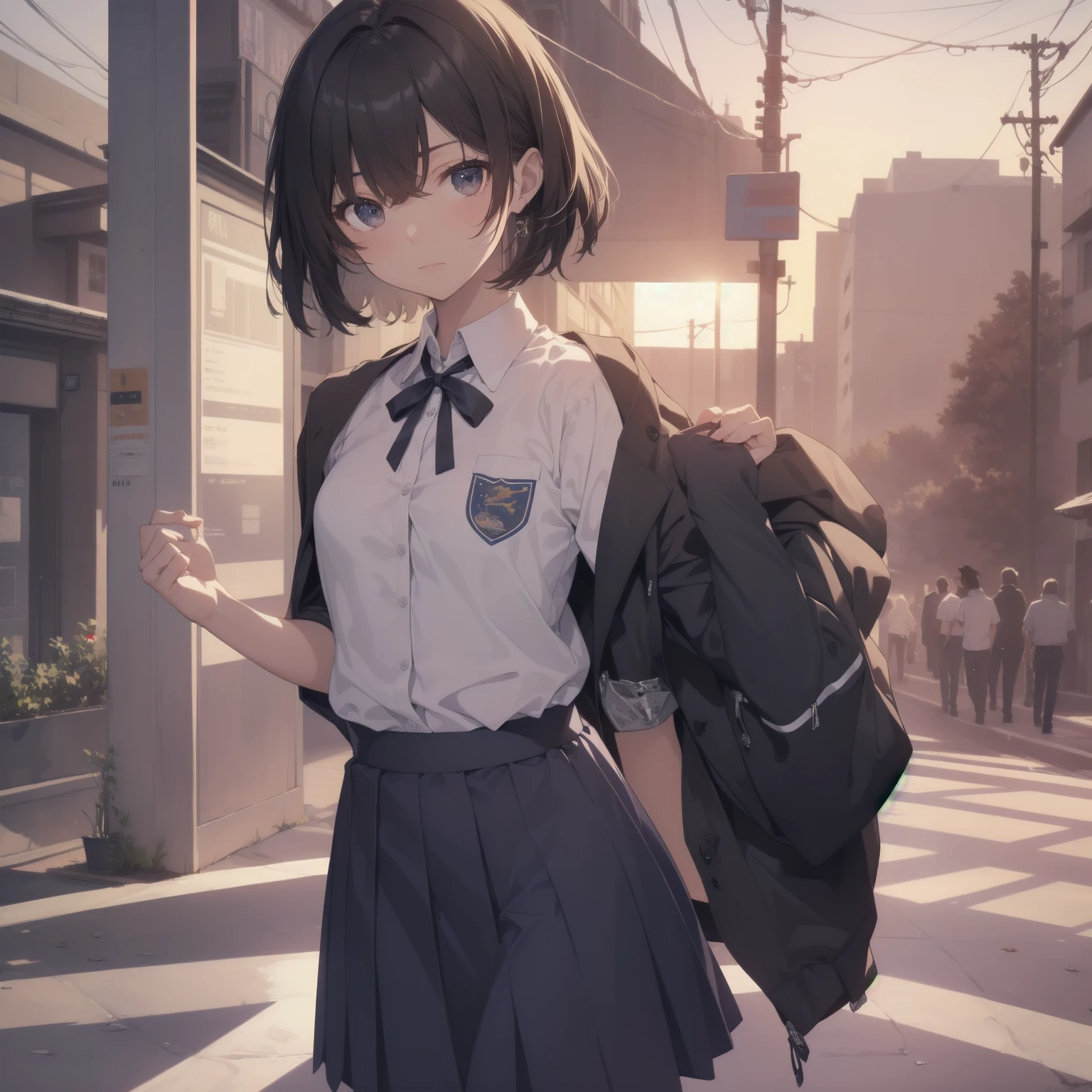 ultra-absurdres-Top quality by artist God, ultra-detailed, high resolution, anime moe artstyle, best anime 8k konachan wallpaper, pixiv contest winner, pool:2810, perfect anatomy,break, 1girl, (Please draw a girl walking sleepily to school alone. )break,(Solo,little female, 13-year-old:1.3),Full limbs, complete fingers,a junior high school student, (very short hair), short cut, flat chest, , small butt, small black eyes, beautiful detailed eyes, well-proportioned iris and pupils, expressive eyes, highres detailed hair, soft expression, salor school_uniform, sailor collar, serahuku, bow, pleated skirt,(Detailed Lighting), (Detailed background), in the School commute route. break,super detailed skin, Best cinematic lighting powered by famous artist, 8k,beauty illustration,photoshop_(medium),very aesthetic,break,((artist:anti_(untea9) )), artist:clamp ,artist:carnelian ,artist:kantoku ,