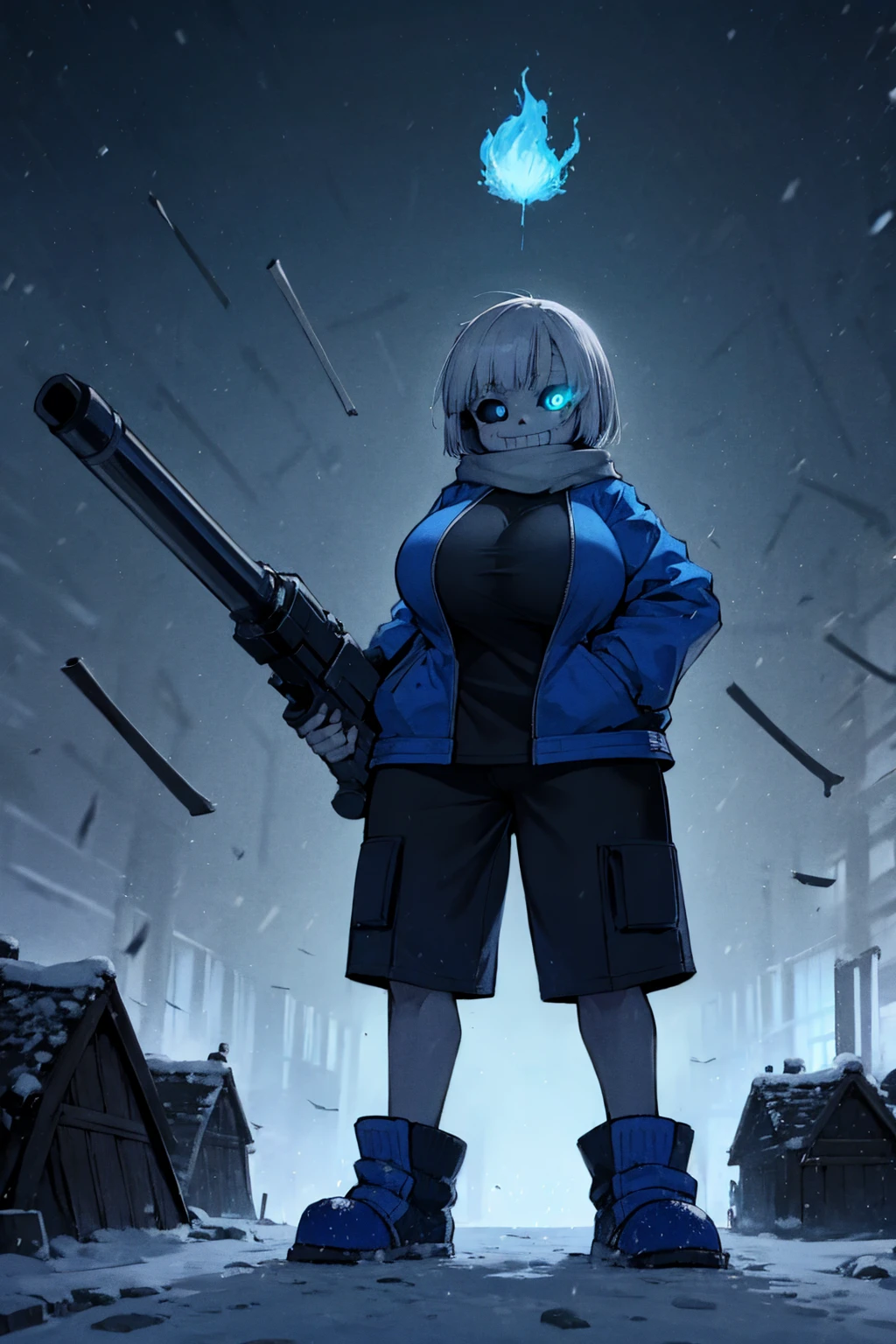 Sans blue jacket black shirt fire eyes skull smile long eyelashes white short hair glowing face blue keel cannon standing alone in the snow town Femininefull Super huge big breasts breast enlargement full-body shot