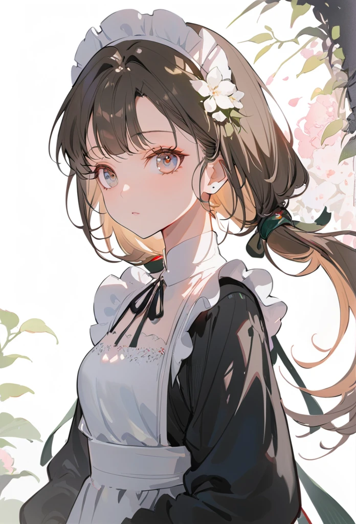 Female Amiya(Ark of Tomorrow),,Minimalism,maid,white maid dress,Black jacket,Jewelry,Beautiful hair,Messy hair,watercolor,Ambient Lighting,shadow,(((1 Girl))),((((masterpiece)))),(best quality),illustration,Upper Body, High Detail,Sunlight,shadow,Very beautiful girl,Delicate and beautiful eyes,Bright background,Elaborate dress,((Extremely detailed CG unity 8k wallpaper)), best quality, excellent quality, very aesthetic, absurd