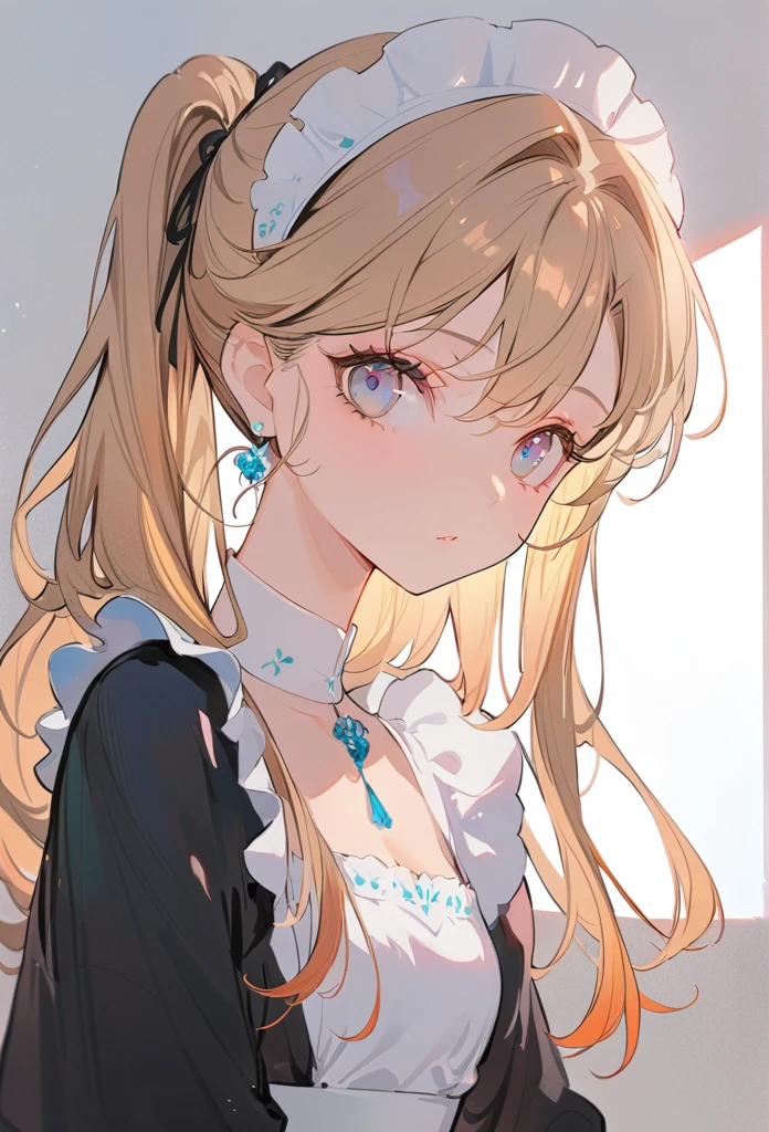 Female Amiya(Ark of Tomorrow),,Minimalism,maid,white maid dress,Black jacket,Jewelry,Beautiful hair,Messy hair,watercolor,Ambient Lighting,shadow,(((1 Girl))),((((masterpiece)))),(best quality),illustration,Upper Body, High Detail,Sunlight,shadow,Very beautiful girl,Delicate and beautiful eyes,Bright background,Elaborate dress,((Extremely detailed CG unity 8k wallpaper)), best quality, excellent quality, very aesthetic, absurd