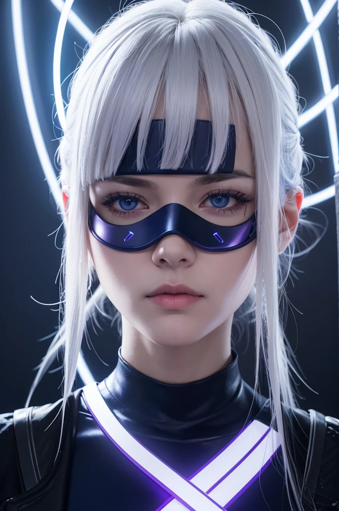 A character with white hair with bangs, eyes with purple neon lights illuminated, wearing a mask that covers the nose in navy blue. She wears a navy blue top, on the shoulders there are light blue neon lights