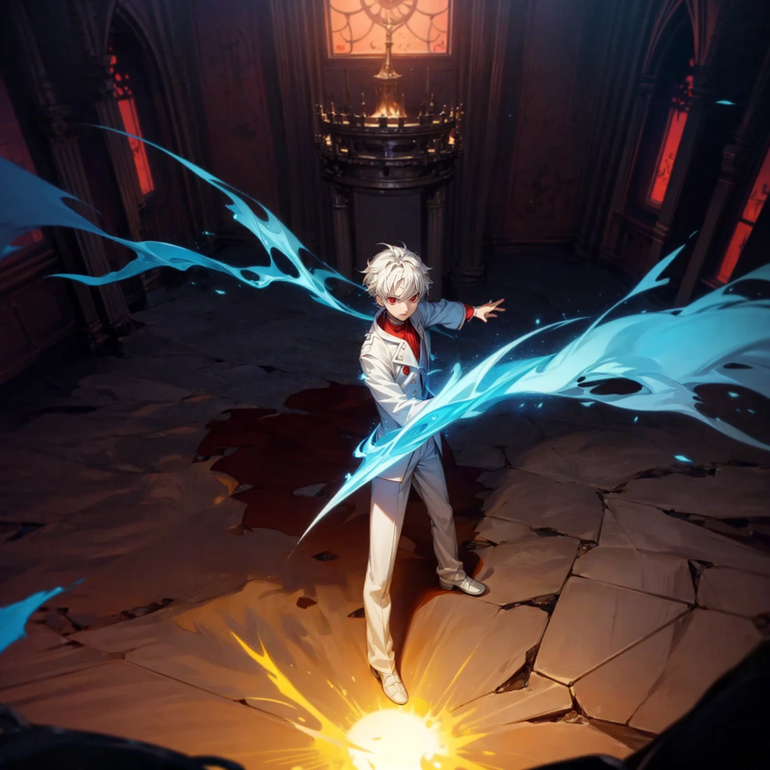 Solo, ??? vampire, ??? boy, Full body version, light red eyes, wavy haircut, white color hair, suit style outfit, Grassroots, full background indoor room Castle, motion blur, lighting, (one piece style art), light fire on hand, light fire in hand, standing gesture, light fire blue, smoke effect, plasma effect, aura effect, evening, high angle view, ultra detailed