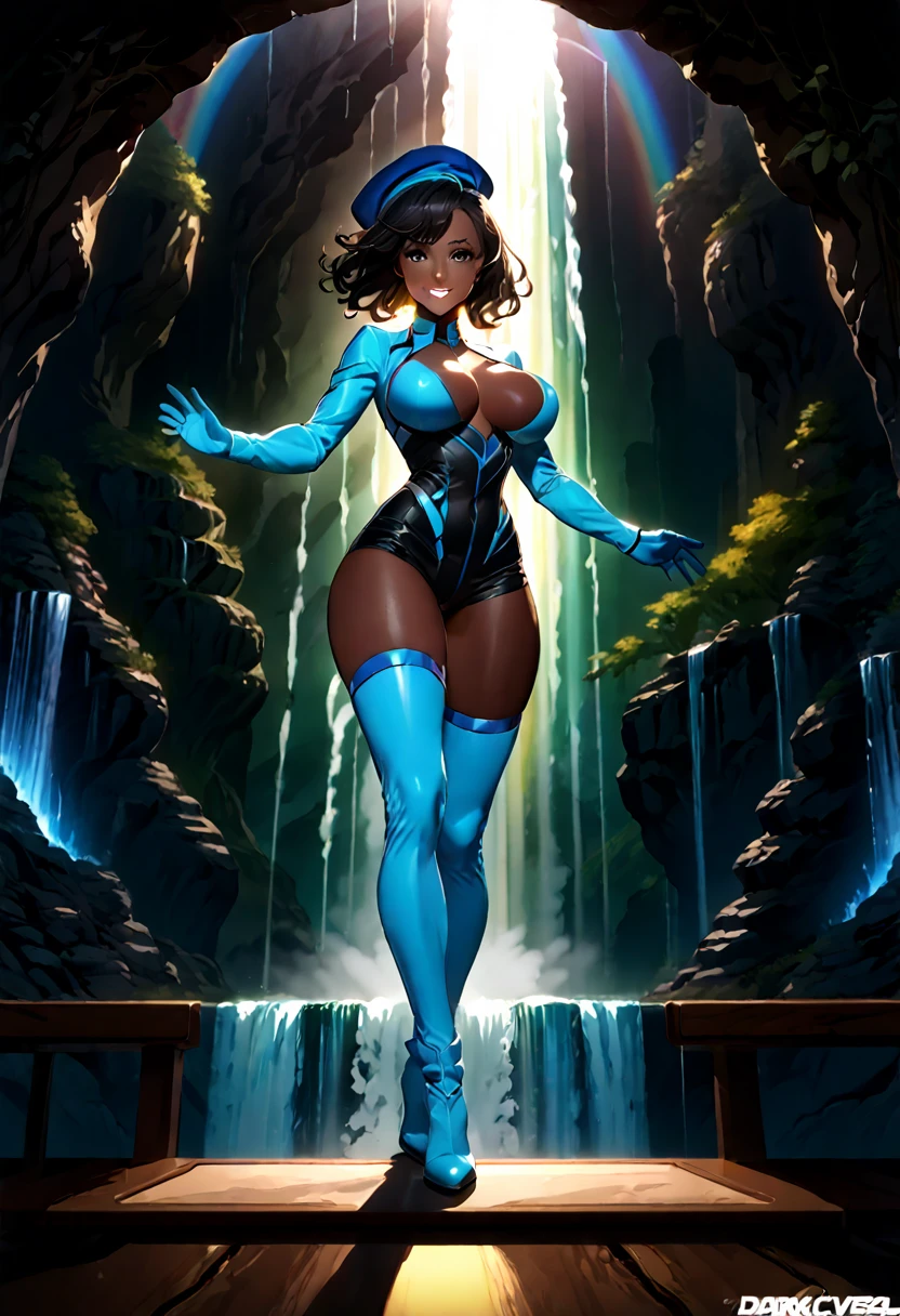 (((dark-skinned))), (extremely fine and beautiful:1.1), beautiful face, beautiful eyes, (detailed face, detailed eyes, detailed lip, shiny skin, oil skin, shiny hair), sense of depth, depth of field, 1girl, solo, , sensual, strong, genius, attractive, curvaceous, powerful, (multiversal genius and swordswoman surrounded by floating hardlight orbs and avatars poised to attack:1.2),(Darkskin:1.2), (black hair:1.2), curly, bangs, long hair, (black eyes:1.2),Mahogony darkskin, breasts, thighhighs, gloves, statuesque oblong-shaped face,vivacious eyes, flowing wavy dragonbraid, tone, hourglass physique,thick, alluring, large breasts, large butt, heart hips, long, toned legs. (Lab coat, wearing a blue and white striped leotard+ black denim crop jacket+ black denim short shorts with stars on the back pockets+ white stocking with blue trim on top+ black boots+ purple beret),):1.2, (Impish, mischievous smile:1.2), , (add layer:1.2), dynamic angle, scenery, dramatic lighting, volumetric lighting, golden hour, (lots of steam:1.5),( rainbow waterfall:1.5),(science ,fantasy),((magic, futuristic fantasy lab cavern:1.5)),((steel examination table, grotto, laboratory, watterfall:1.2)),(hardlight tubes, various experiments decoration),(black and blue interior),
high definition, 96k, fullbody, risky, vivd,Graffiti graphic novel, digital masterpiece, super-detailed, dynamic pose,incredibly detailed and complex, hyper-maximal, elegant,shaders, OpenGL shaders, GLSL shaders, post-processing, post-processing, cell shading, tone mapping, CG, visual effects,k , super resolution, megapixel, VR, single, good, ambient light, half light, backlight, natural light, incandescent light, optical fiber, dark light, cinematic light, studio light, soft light, ambient light, contrast light, beautiful light, accent light, general lighting, screen space general illumination, ray traced global illumination, optics,