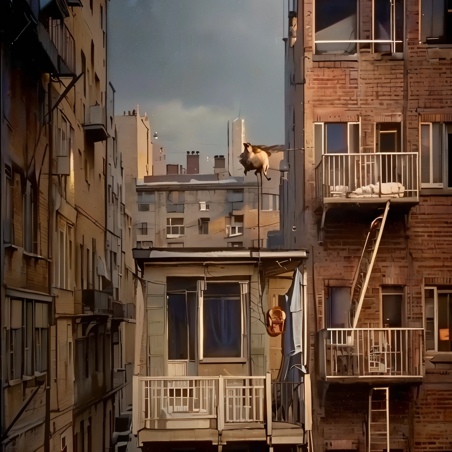 there is a dog that is standing on a balcony in the city, balcony scene, high resolution film still, still from mary poppins (19), kodakchrome : : 8 k, by Joe Shuster, realistic establishing shot, zoomed out shot, location [ chicago ( alley ) ], complex scene, [ greg rutkowski ], ( art fitzpatrick )